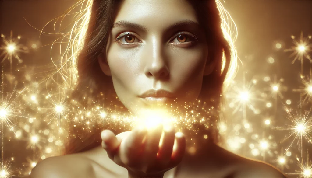 femme qui souffle de la lumière, représente les réponses aux questions sur l'intuition, la conscience, l'amour inconditionnel, la guérison, l'éveil spirituel, la transformation intérieure, le pouvoir personnel