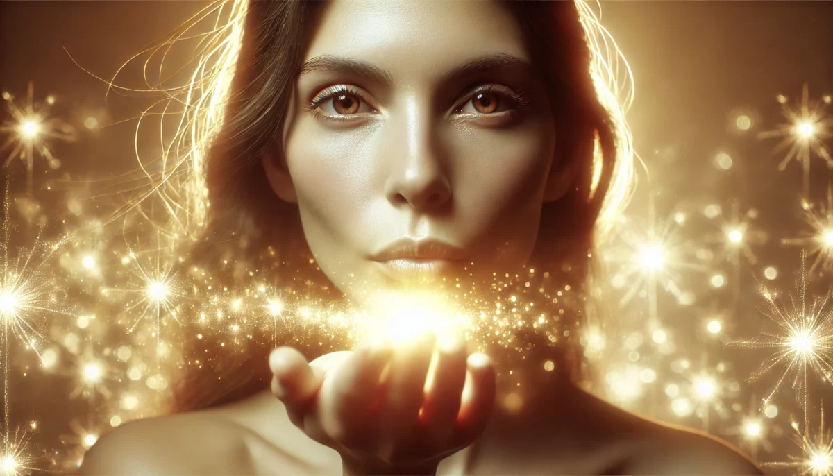 femme qui souffle de la lumière, représente les réponses aux questions sur l'intuition, la conscience, l'amour inconditionnel, la guérison, l'éveil spirituel, la transformation intérieure, le pouvoir personnel