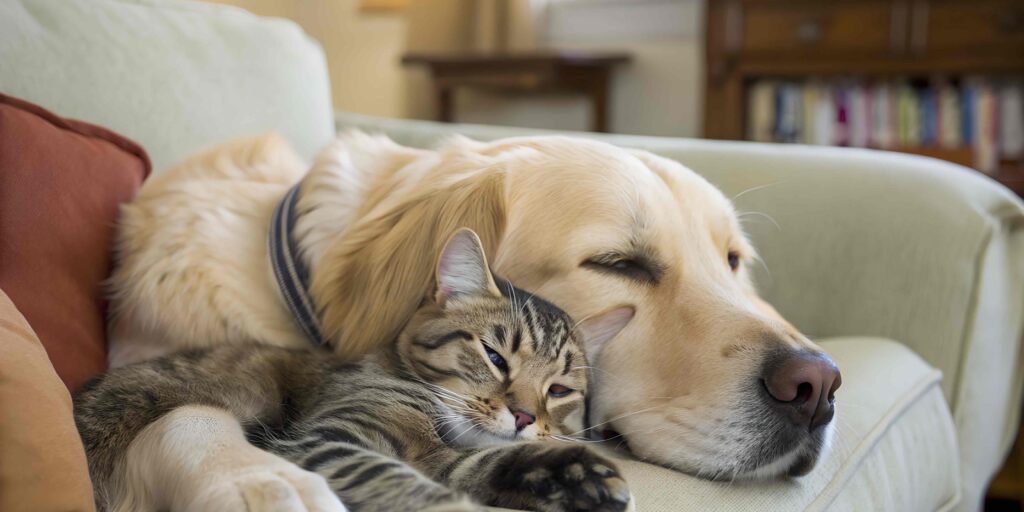 UN CHIEN ET UN CHAT COTE À COTE EN TRAIN DE DORMIR SUR UN CANAPÉ